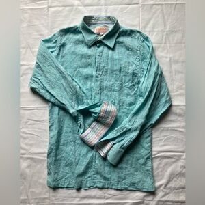 Inserch Collezione Men’s 100% Linen Long Sleeve Shirt Aqua Hue Flip Cuff Sz XL